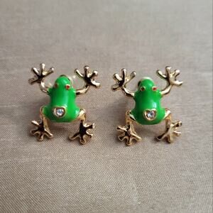 Adorable green & gold frog earrings with crystal heart
